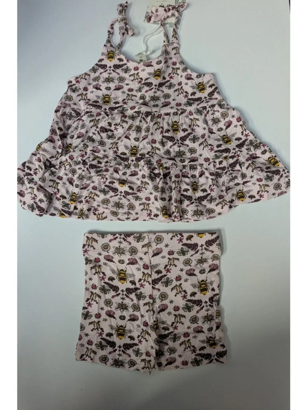 Kate Quinn Bamboo Rose Litho Bee 2T Spaghetti Tie Prairie Top Bike Shorts Set